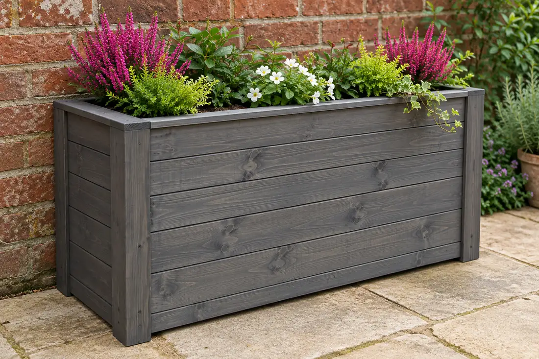 Large grey painted wooden garden planter full of flowers against a brick wall