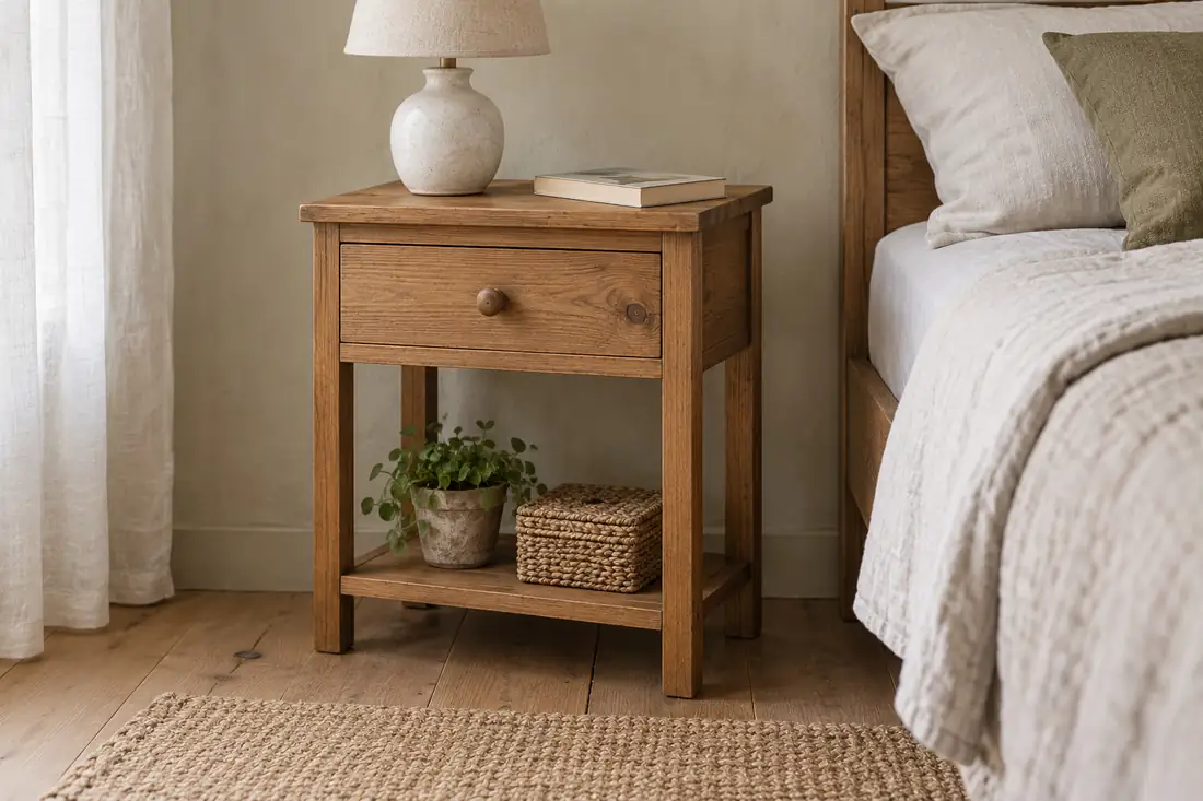 Small oak bedside table with a drawer and shelf, beside a bed