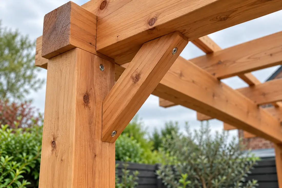 Close-up of a cedar pergola corner with a diagonal brace and bolted joints