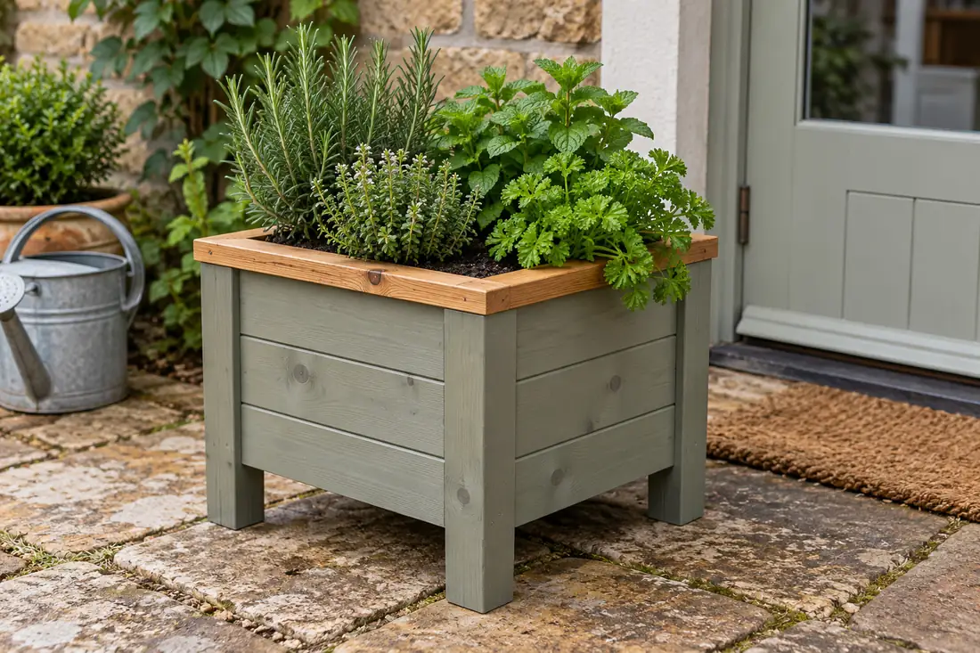 Sage green wooden herb planter with an oak top rail beside a back door