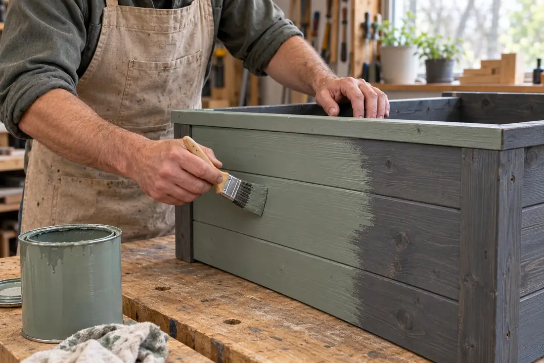 A craftsman painting a wooden planter in sage green in the workshop