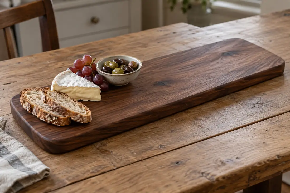 Handcrafted walnut serving board with bread, cheese and olives