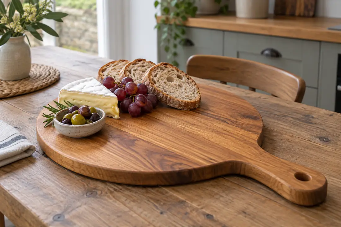 Handmade round oak serving board with cheese, grapes, olives and bread