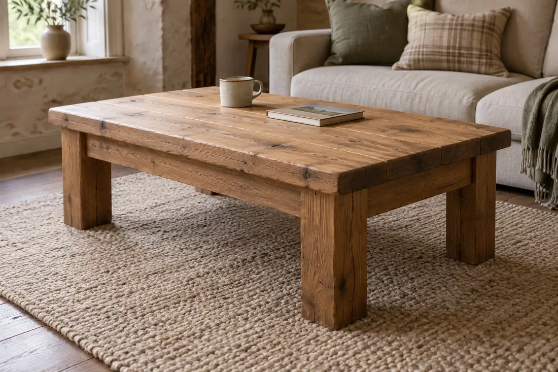 Handmade rustic oak coffee table on a woven rug in a living room