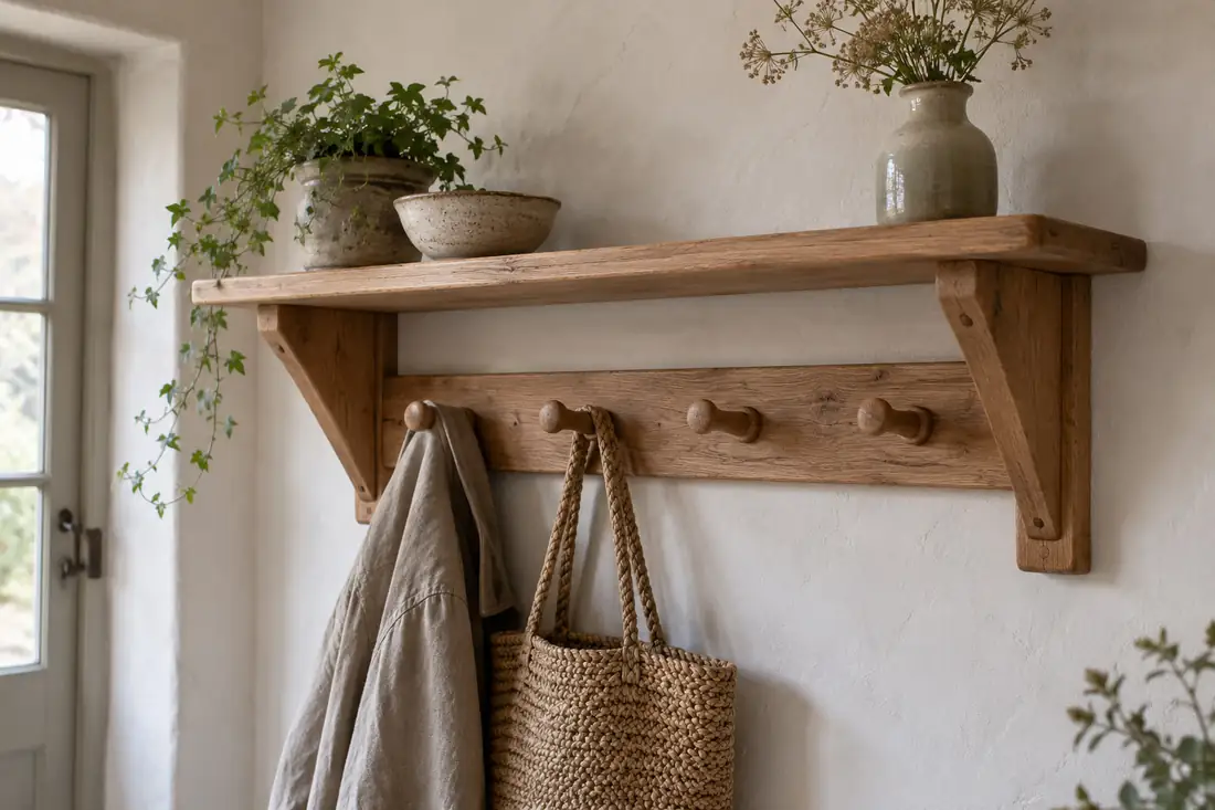 Handmade oak wall shelf with a peg rail holding a coat and basket