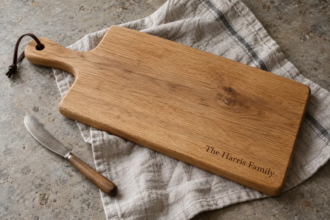 Oak cheeseboard with a leather loop, engraved with The Harris Family