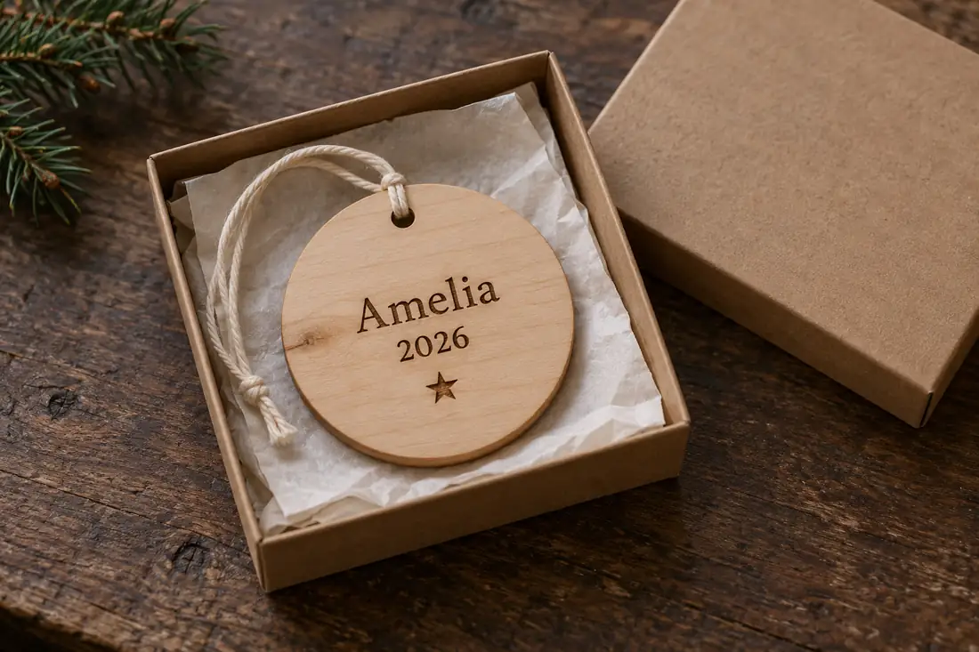 Personalised wooden ornament engraved with a name and year, in a gift box