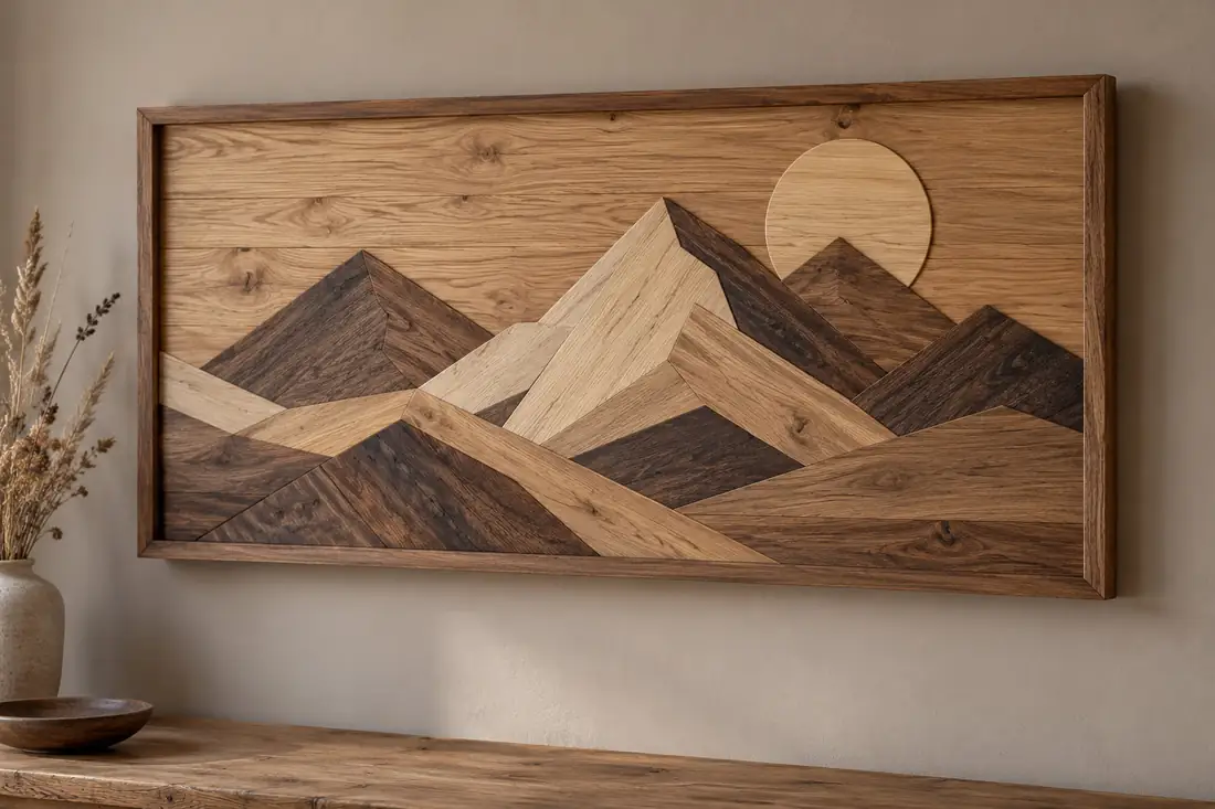 Framed geometric wood wall art of mountains and a sun in mixed timbers