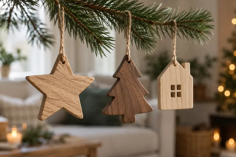 Wooden star, tree and house Christmas decorations hanging from a fir branch