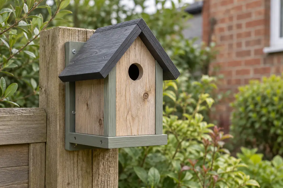 Wooden birdhouse with a charcoal roof mounted on a garden post