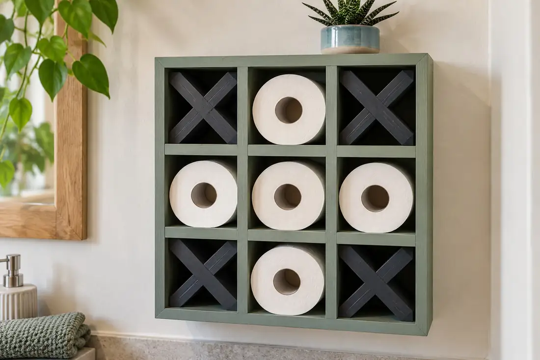 Sage and charcoal wall shelf in a noughts and crosses design holding toilet rolls