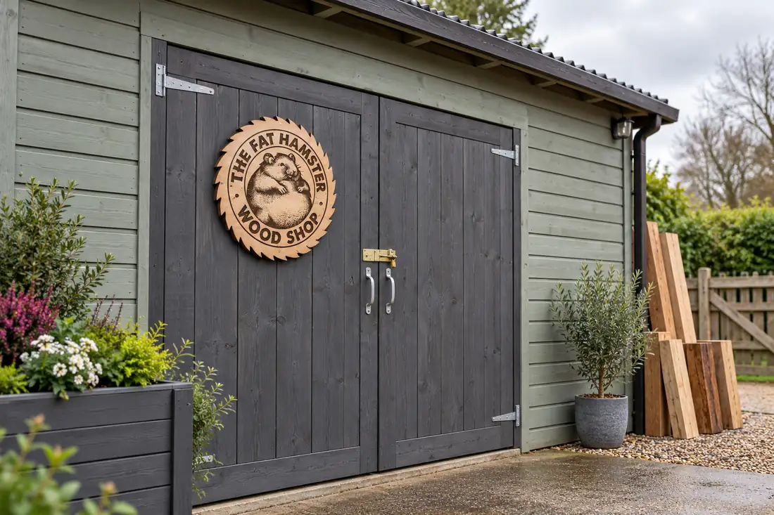 The Fat Hamster Wood Shop workshop in sage and charcoal with the logo sign on the doors