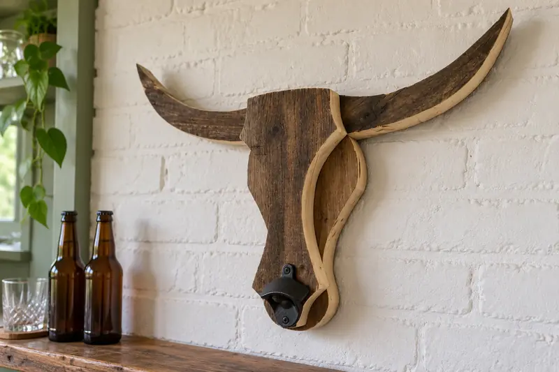Handmade wooden bull's head with horns and a bottle opener on its nose, on a white brick wall