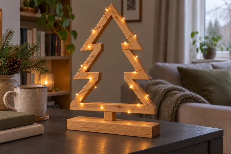 Wooden Christmas tree sculpture wrapped in fairy lights on a table